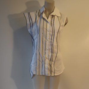 Womens Balossa White Black Stitched Lines Button Shirt Blouse Top 8 *